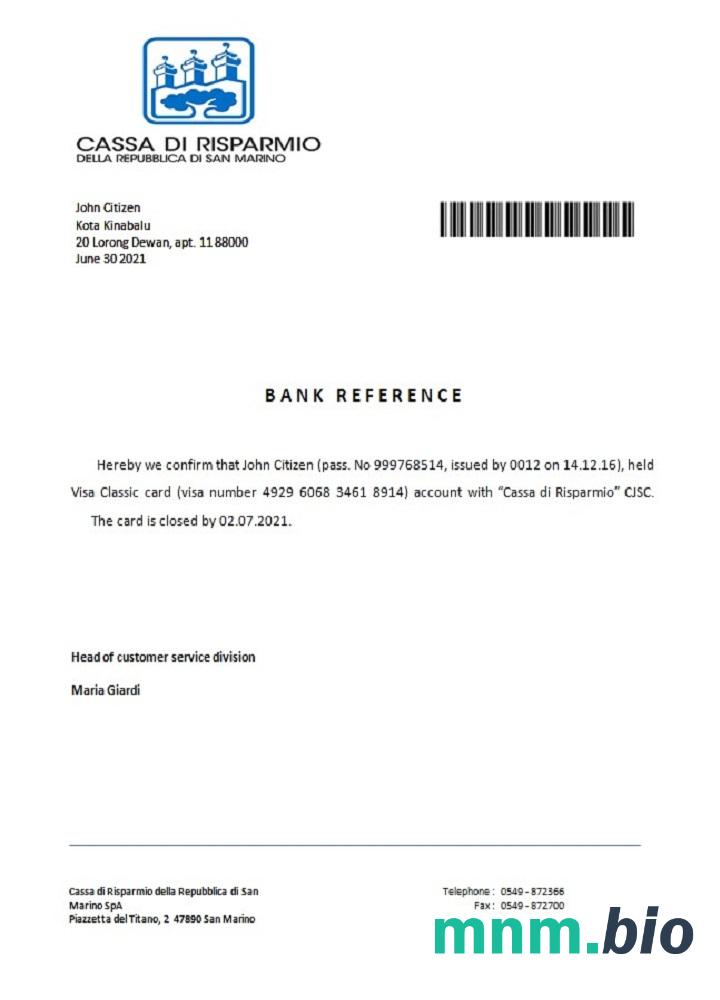 Przykład odniesienia zamknięcia San Marino Cassa di Risparmio w formatach Word i PDF